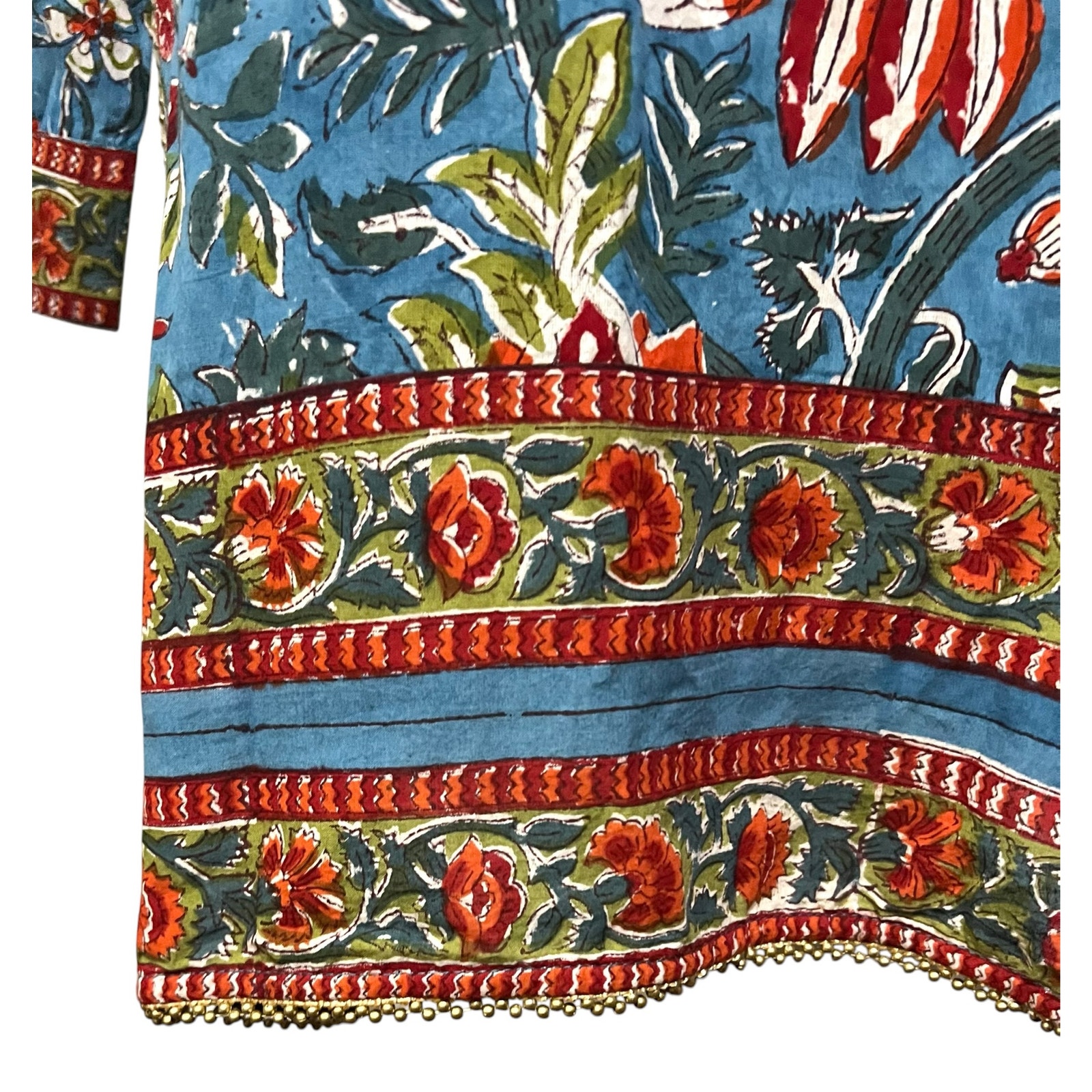 Pax Philomena Fleury Blue Floral Cotton Tunic Hand Block Printed Beaded Top Xxl — image 5 of 8